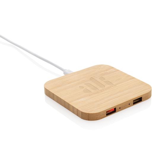 Trådlös laddare Bambu 10W med USB-portar med tryck Brun