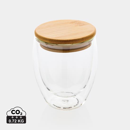 Glas Dubbelväggigt 250ml med bambulock med tryck Transparent