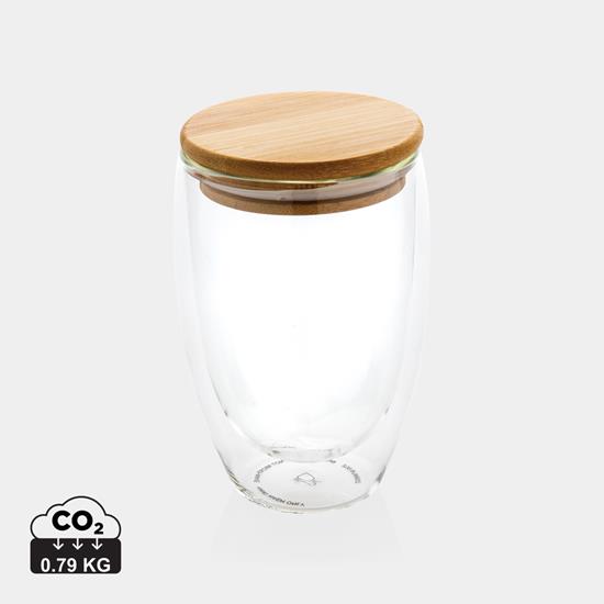 Glas Dubbelväggigt 350ml med bambulock med tryck Transparent