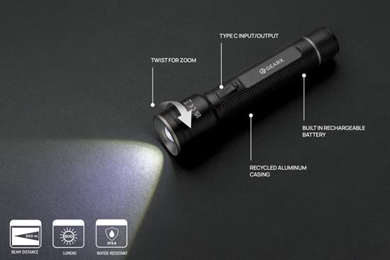 Ficklampa Gear X 10W USB-återuppladdningsbar med tryck Svart