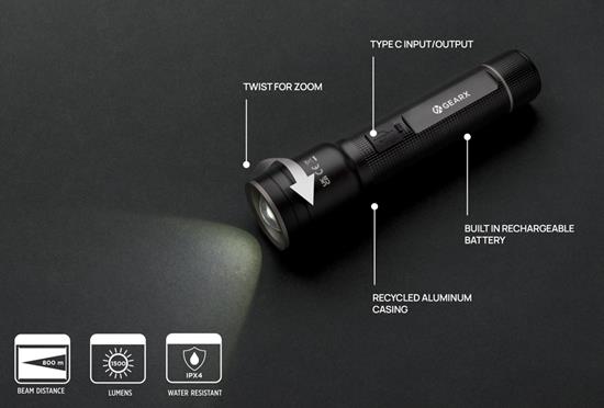 Ficklampa Heavy Duty USB-återuppladdningsbar med tryck Svart
