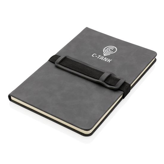 Anteckningsbok Hardcover A5 med mobil och-pennhållare med tryck Grå